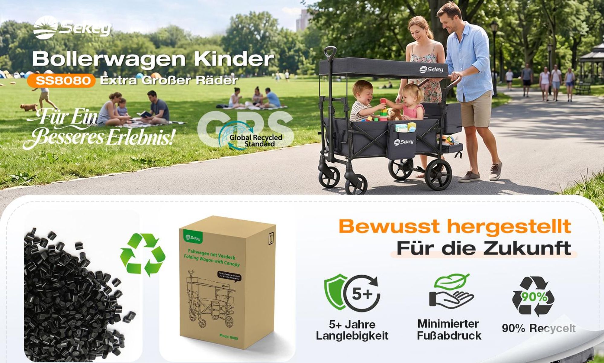 Sekey Bollerwagen Faltbar mit Dach Kinder Bollerwagen mit XXL-Rädern (24/20 cm), mit Zieh-/Schiebegriff, mit schwarz-weißer Paspelierung, Schwarz