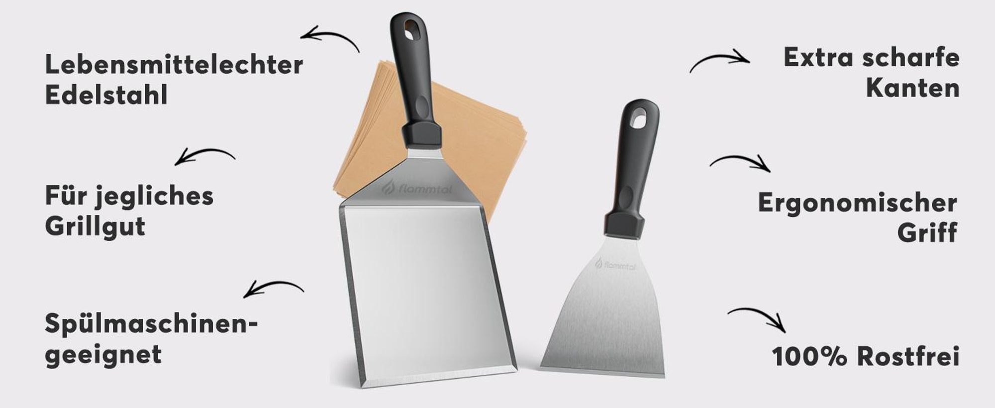 Flammtal Smash Burger Set aus Edelstahl – Hochwertiger Plancha Spachtel inkl. 20x Burgerpapier für Smash Burger – Spachtel für Plancha & Teppanyaki