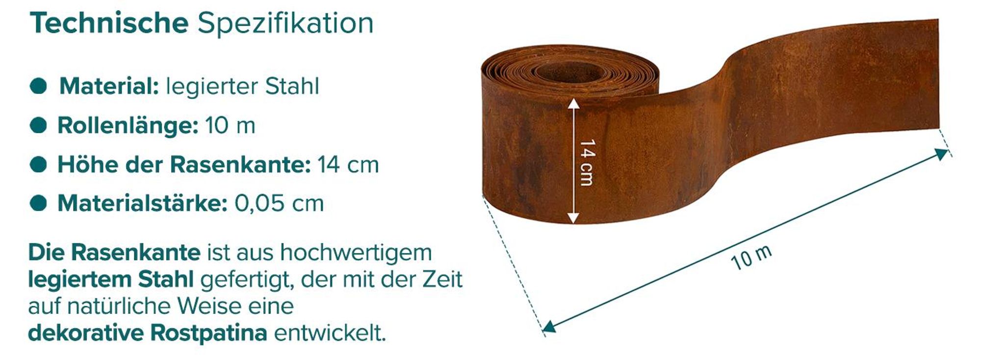 Sillar Rasenkante Metall 10m x 14cm – Flexible Beeteinfassung aus Stahl mit natürlicher Patina