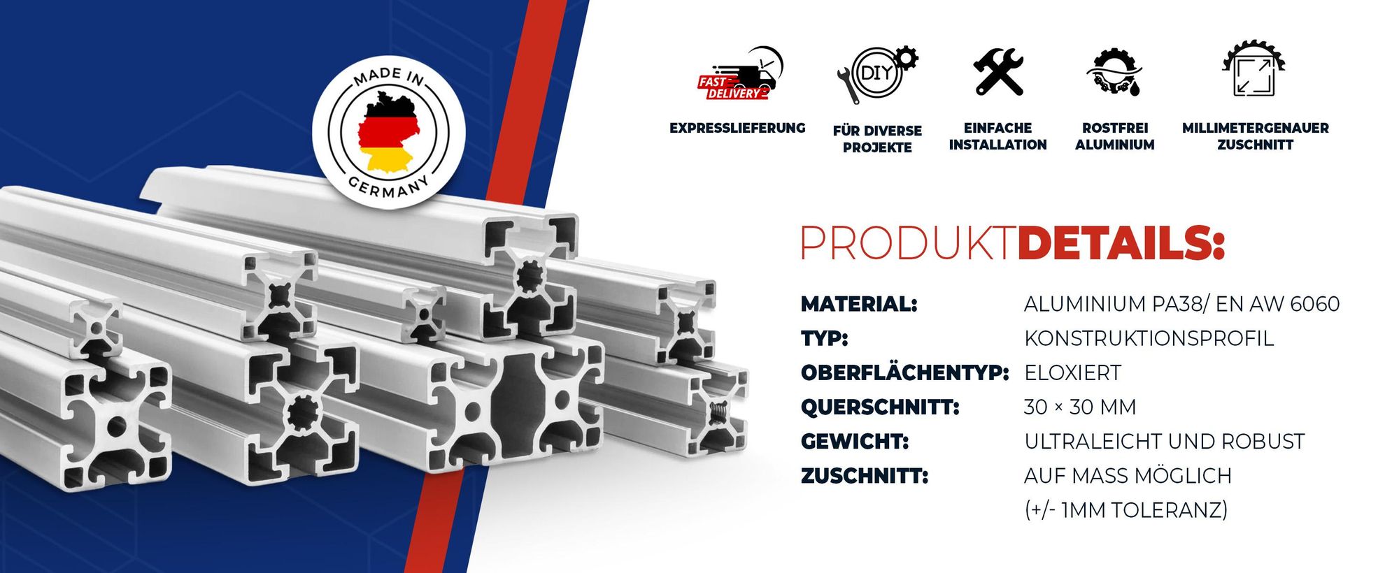 Konstruktionsprofil, Alu profil, Aluminium, Aluminium profil, Montageprofil, 30x30
