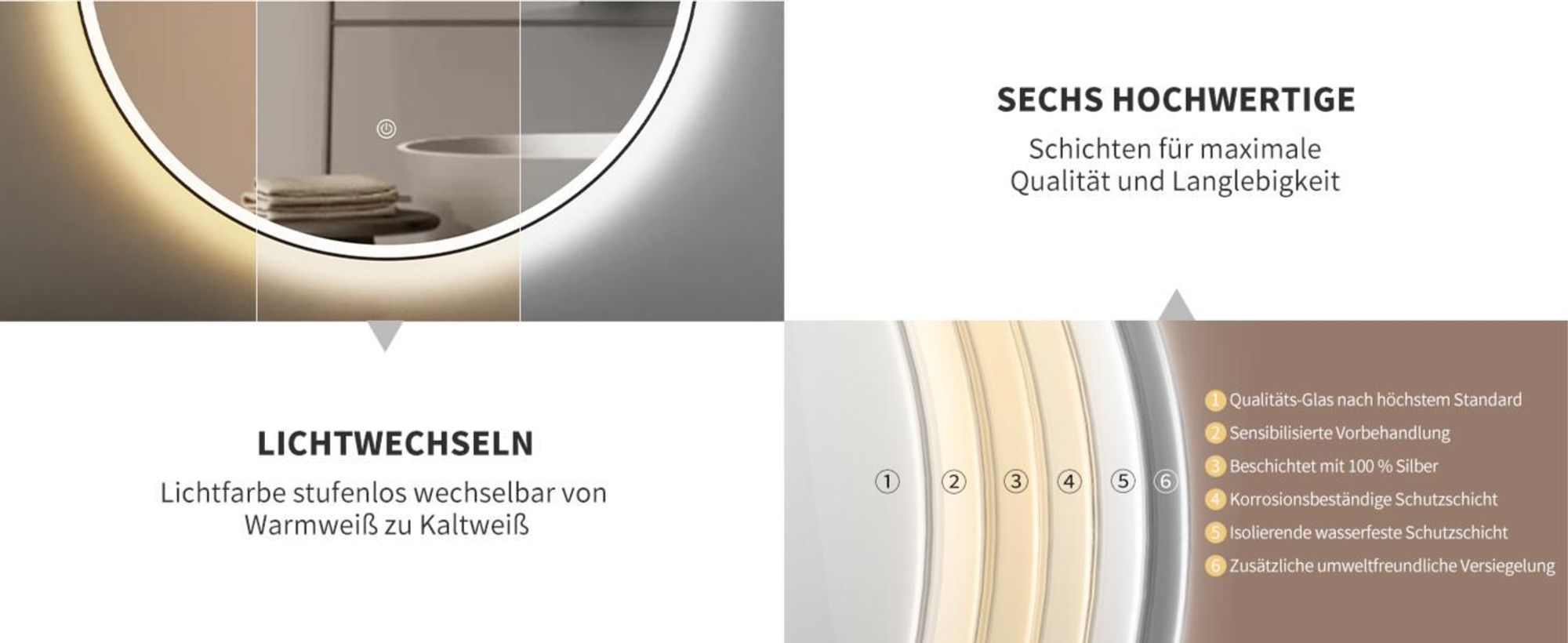 HOKO Design Badspiegel rund 80 cm Amsterdam mit Energiesparend LED Beleuchtung und Metall Rahmen Schwarz. Touch Schalter.