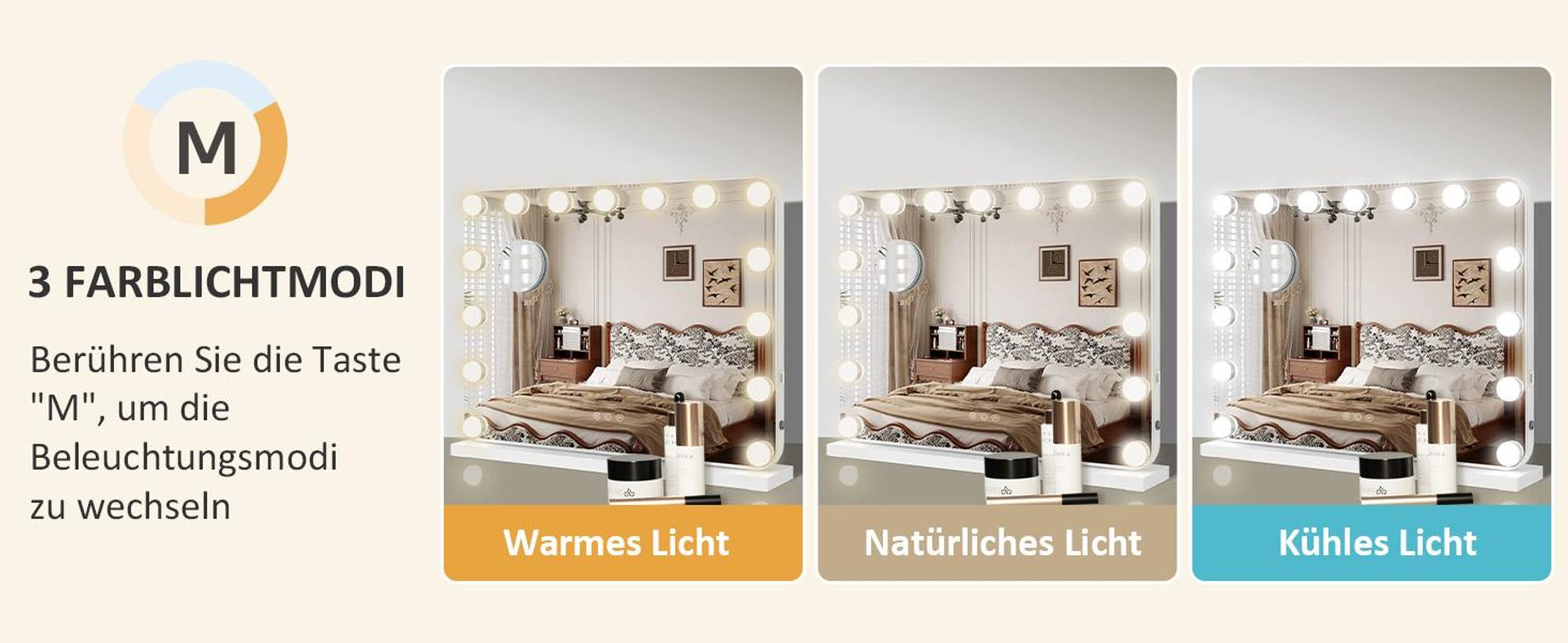 Puluomis Kosmetikspiegel Schminkspiegel 58x45cm Hollywood Spiegel Dimmbar mit 15 LED Beleuchtung 3 Farben, mit USB, 10x, Wandspiegel weiß, rund Ecke
