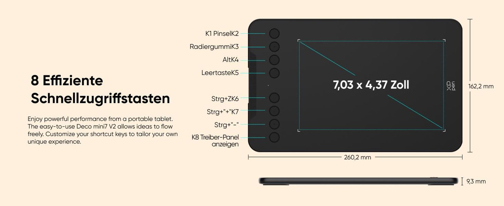 XP-PEN DECO MINI 7, Kabelgebunden, 5080 lpi, 177,8 x 111,1 mm, USB, 1 cm, Stift