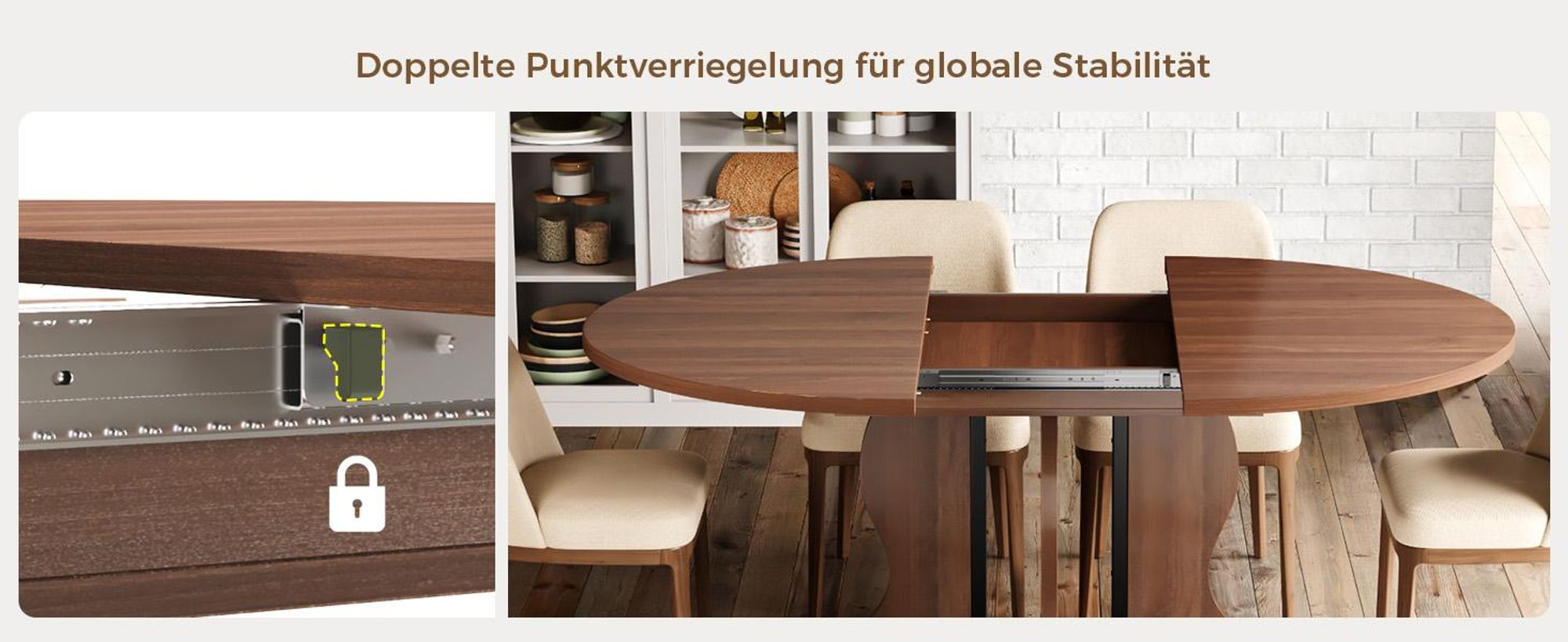 Mondeer Ausziehbarer runder Esstisch 110-150 cm oval mit massivem Holzgestell und intelligentem Auszugsystem für Küche & Wohnzimmer in Walnuss