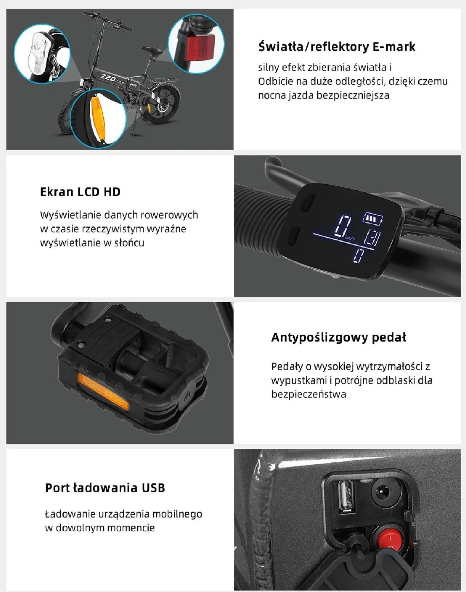 Rower Elektryczny PVY Z20 Pro - Moc 250W Bateria 36V10.4AH Zasięg 80KM Hamulec Tarczowy Mechaniczny - Szary