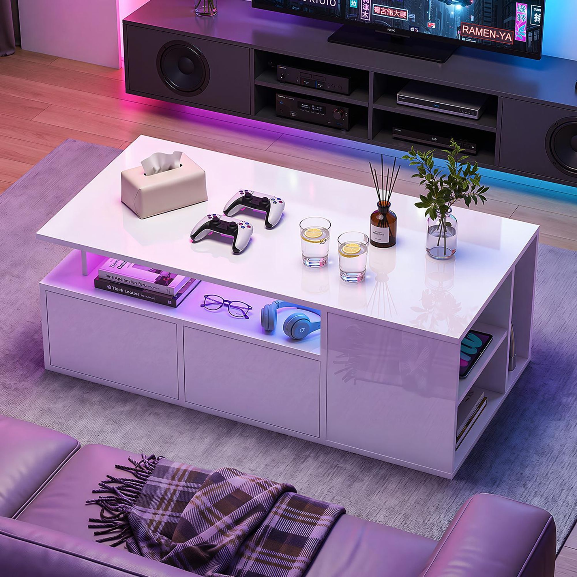 OYAJIA Couchtisch Wohnzimmertisch Hochglanz Design mit LED Beleuchtung & Bluetooth-Fernbedienung.App-Steuerung offenen Fächern,stabil 100 x 50 x 35cm