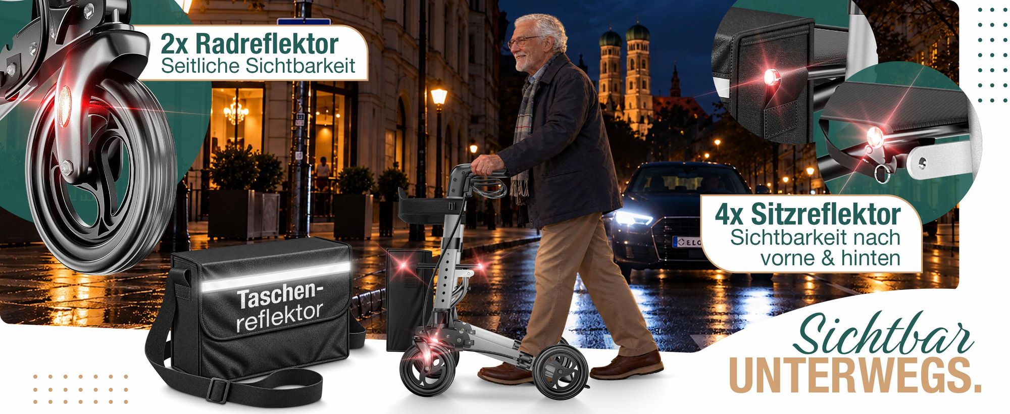ELONEO Rollator faltbar und leicht mit Sitz, Leichtgewicht-Reiserollator aus Aluminium, Gehhilfe 8-fach höhenverstellbar, Laufhilfe 3-fach faltbar