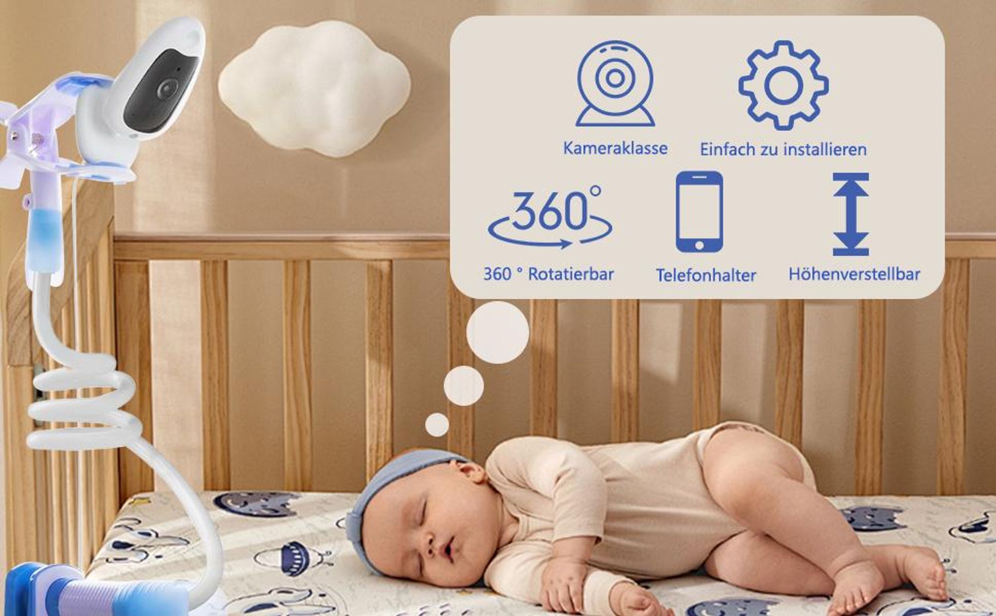 Babyphone mit 3X Zoom, 4" Babykamera, unsichtbare Infrarot-Nachtsicht, 4 Kameraanschlüsse, VOX, Lautstärkeregler, IPS-Bildschirm, Schlaflied, Ständer
