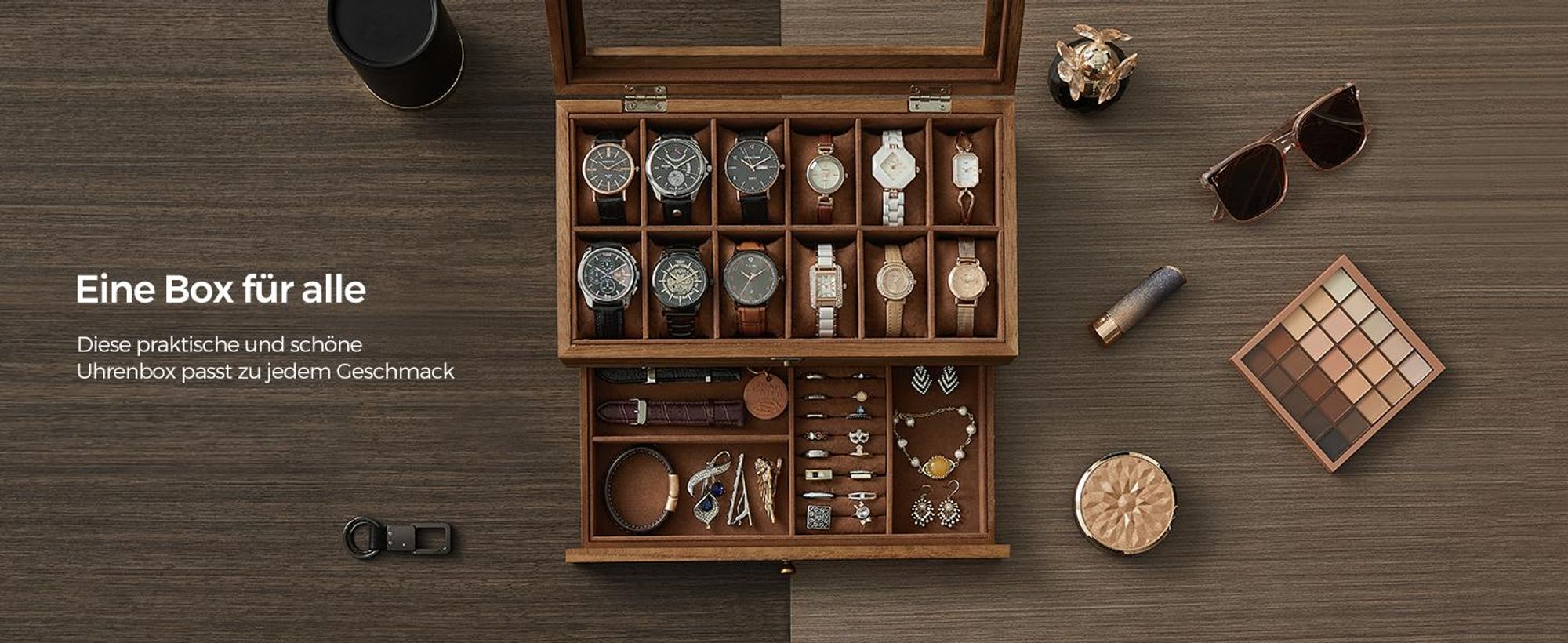 SONGMICS Uhrenbox mit 12 Fächern, Uhrenkasten aus Massivholz, mit Glasdeckel