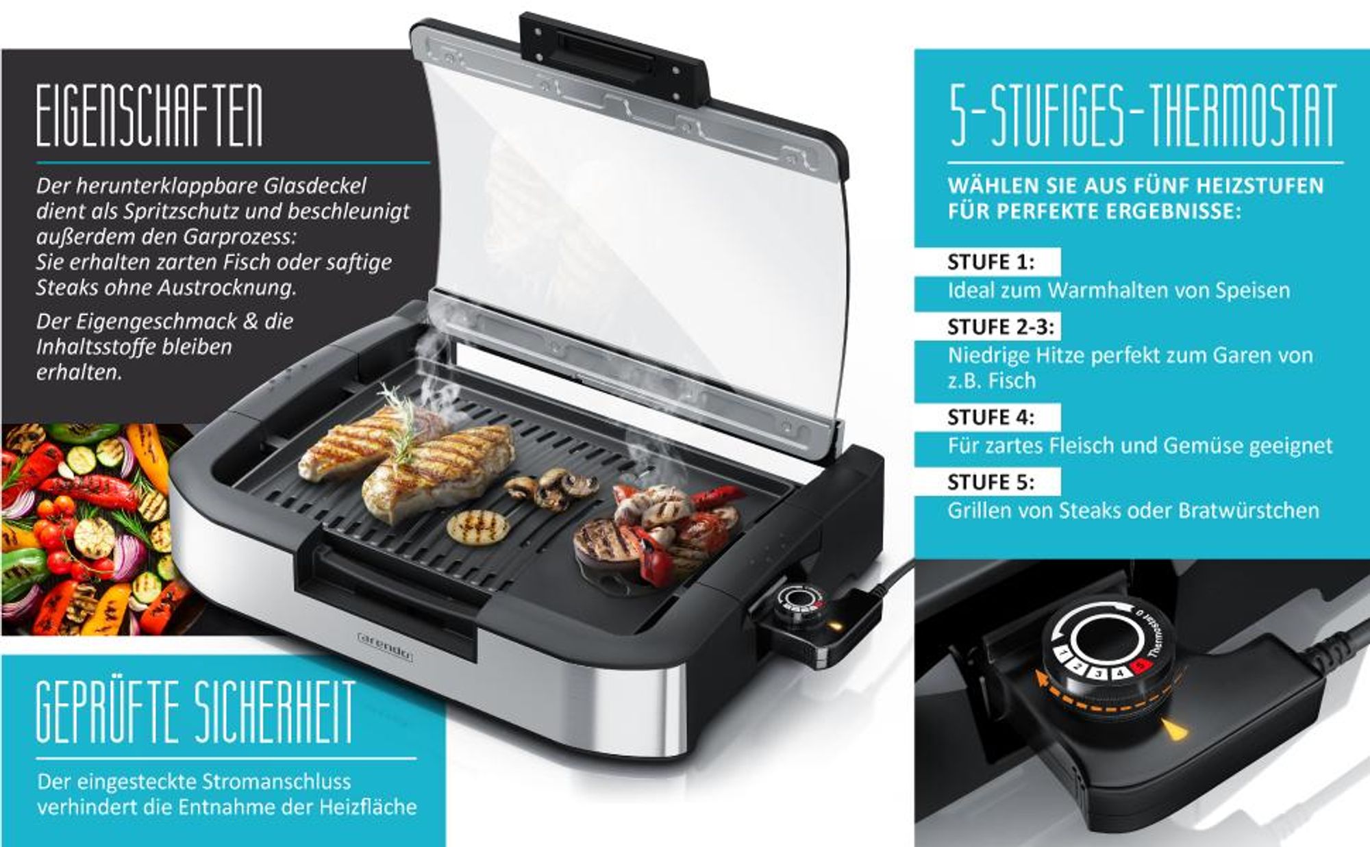 Arendo Gourmet Tischgrill mit Glasabdeckung - Elektrogrill - Barbecue - für Steaks, Würstchen, Fisch, Meeresfrüchte, Gemüse, Pilze u.v.m. - für Balkon, Garten, Indoor