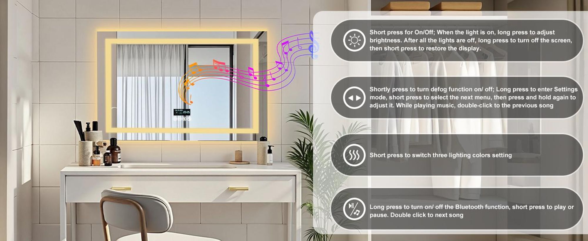 WISFOR LED Badspiegel mit Bluetooth Lautsprecher, 80x60cm Badezimmerspiegel mit Beleuchtung 3 Lichtfarbe, LED Wandspiegel dimmbar beschlagfrei