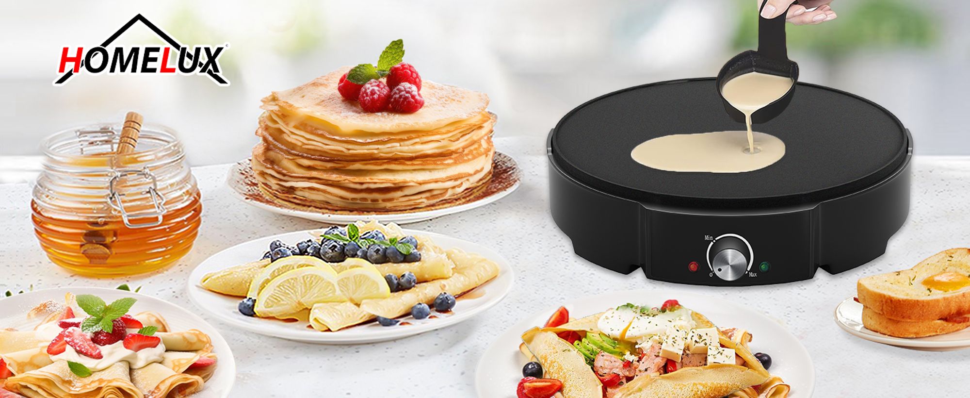 HOMELUX Crêpes Maker für Crepes mit Ø 30 cm, 1200 W Crêpes-Maker inkl. Teigverteiler & Crêpes-Wender, Antihaftbeschichtung, Temperaturregler