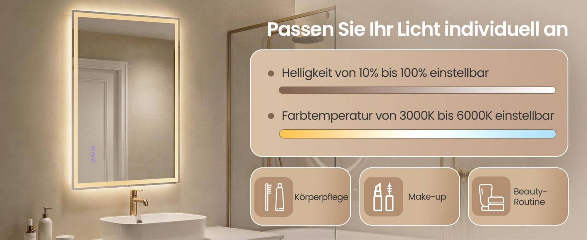 SONGMICS Badspiegel, Wandspiegel mit Beleuchtung, rechteckig, dimmbar, für Badezimmer und Wohnzimmer, 80,7 x 60,7 cm, weiß