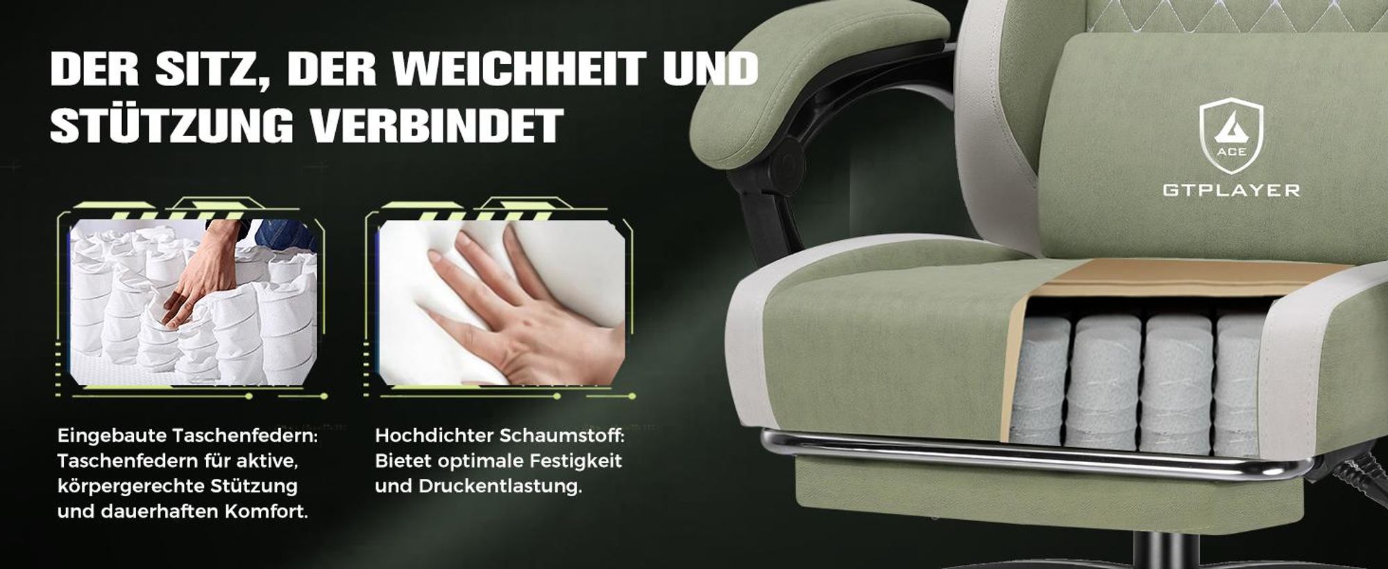 GTPLAYER Gaming Stuhl Ergonomischer, PC Stuhl Atmungsaktiver Stoff, Groß und Hoch Drehbarer Schreibtischstuhl mit Fußstütze, Grün
