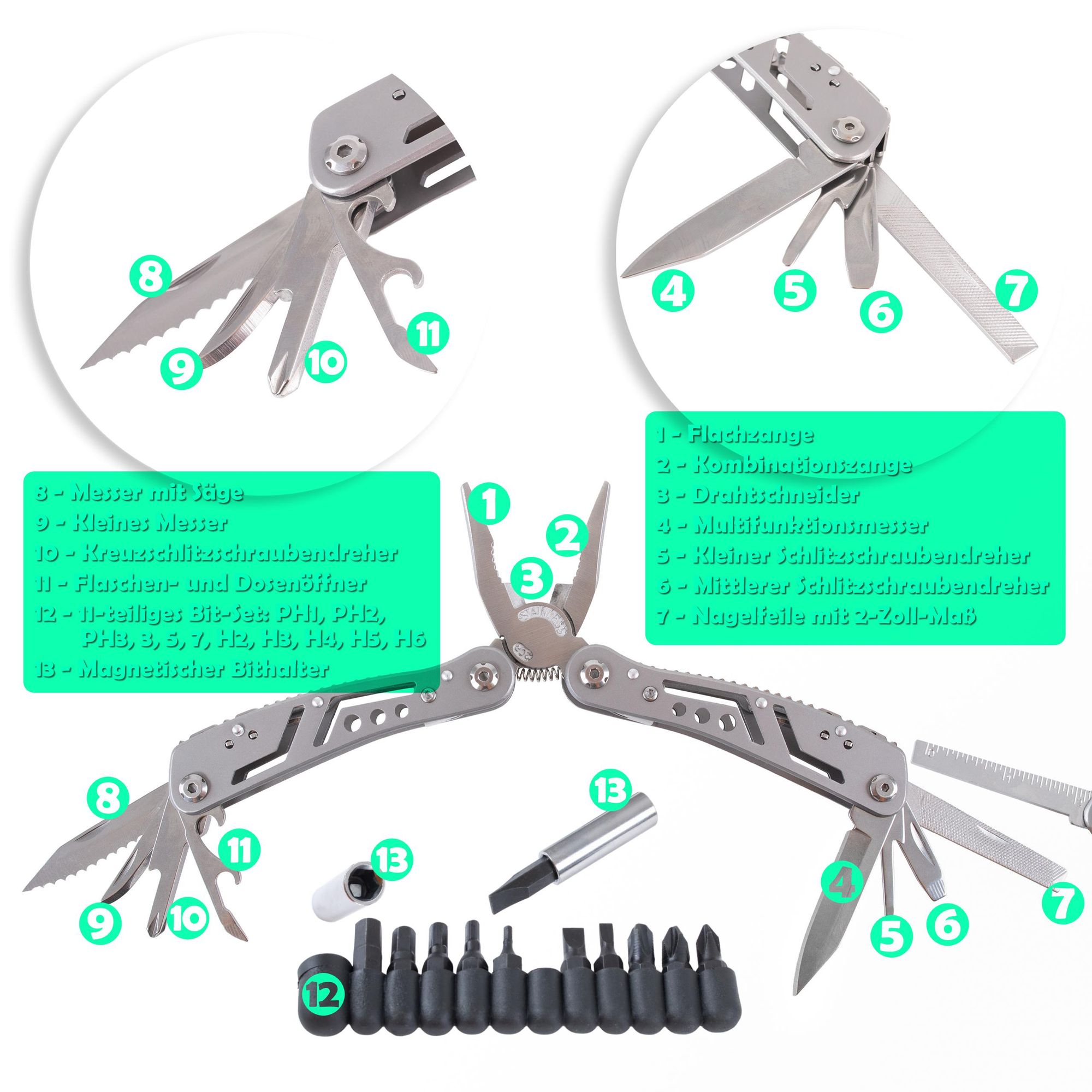 Multitool Sägeblatt Edelstahl Messer Zange Bitset Schraubendreher Camping Outdoor 24-in-1