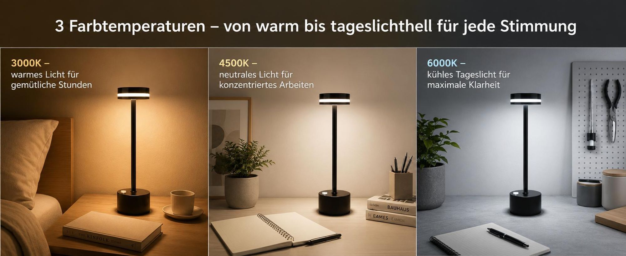 2 Stk Tischlampe,Led Tischleuchte Metall,Kabellos Dimmbar Tischleuchte,Touch Steuerung Augenschutz Leselampe,USB Wiederaufladbare,Schwarz