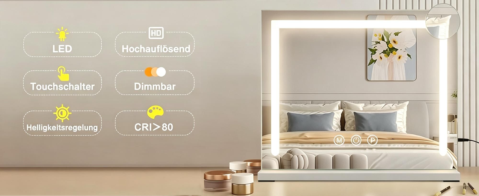 ZMH Schminkspiegel Beleuchtung 58 x 46 cm Schminktisch Spiegel licht Touch Dimmbare LED 3 Farblichtmodi 5 Facher Vergrößerung Spiegel für Schlafzimmer