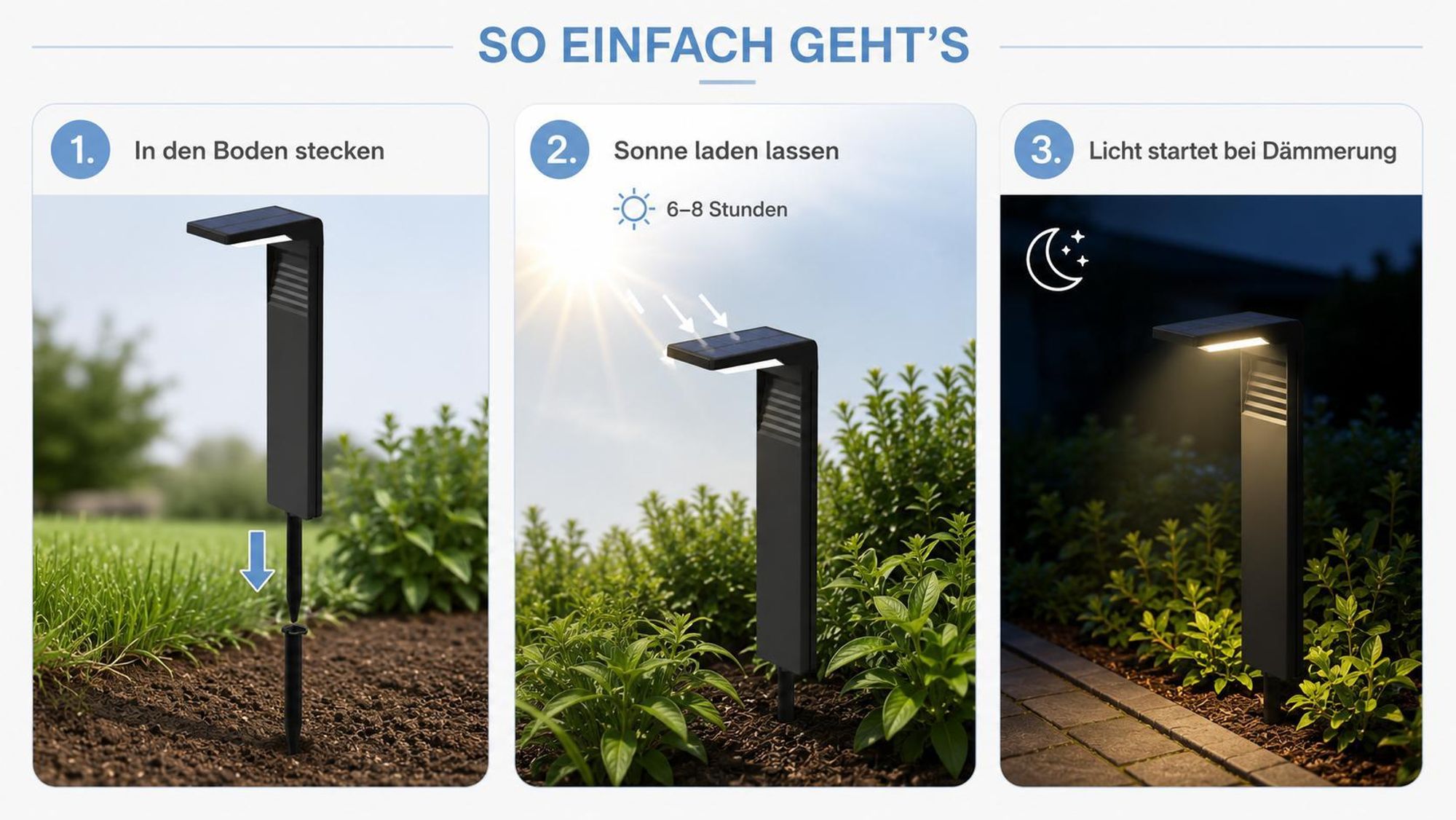 MasterLED Solar Wegeleuchte 4er Set IP65 4000K schwarz mit Erdspieß und 2 Modi
