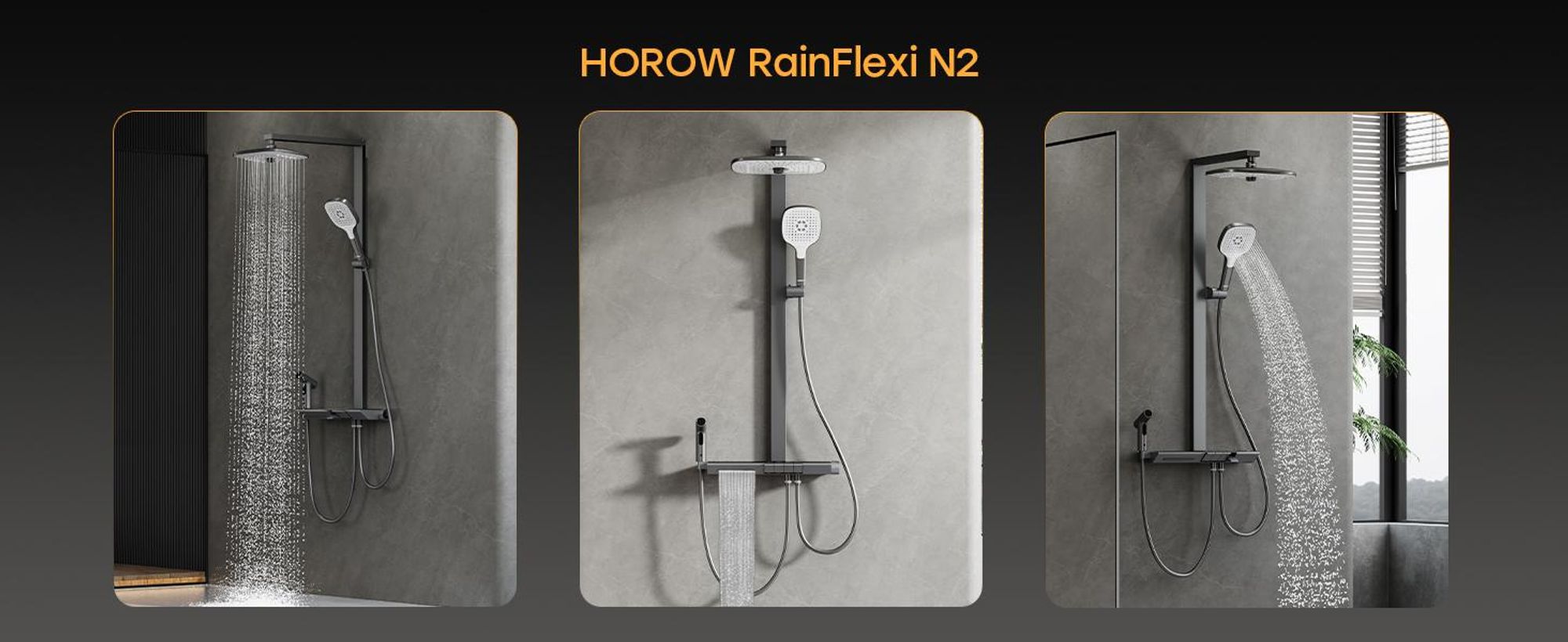 HOROW RainFlexi N2 Duschsystem mit Thermostat, Grau Regendusche Set mit 2 Handbrause, Wasserfallauslauf, Große Kopfbrause, Höhenverstellbar Duschset