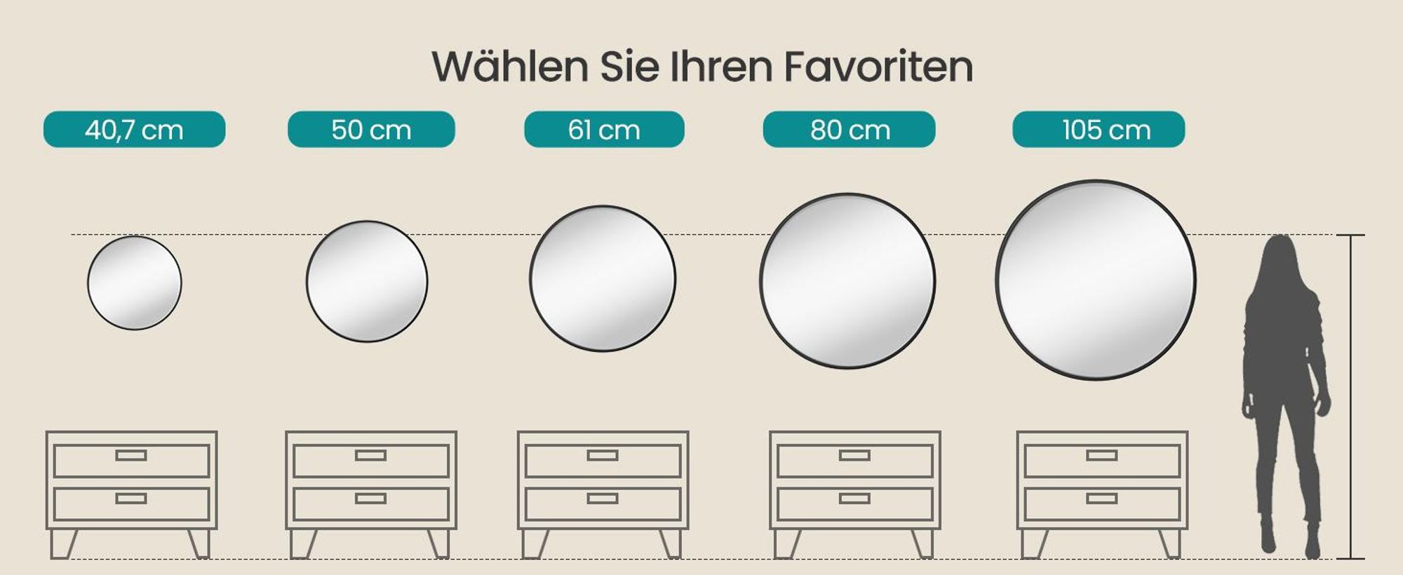 SONGMICS Wandspiegel, Spiegel rund, Metallrahmen, 80 cm d, für Bad, Wohnzimmer, Schlafzimmer, Flur, schwarz