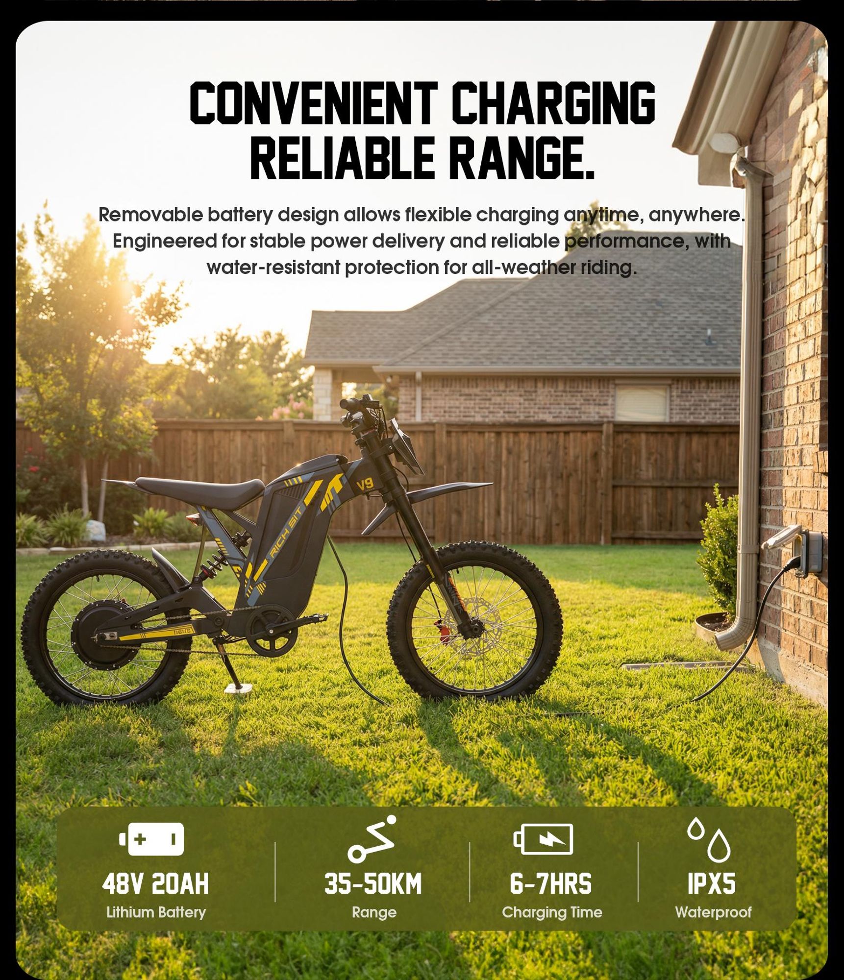 V9 Elektro‑Enduro‑Motorrad für Erwachsene, 48V 20Ah, 17‑Zoll professionelle Geländereifen, vollständiges Federungssystem, hydraulische Scheibenbremsen