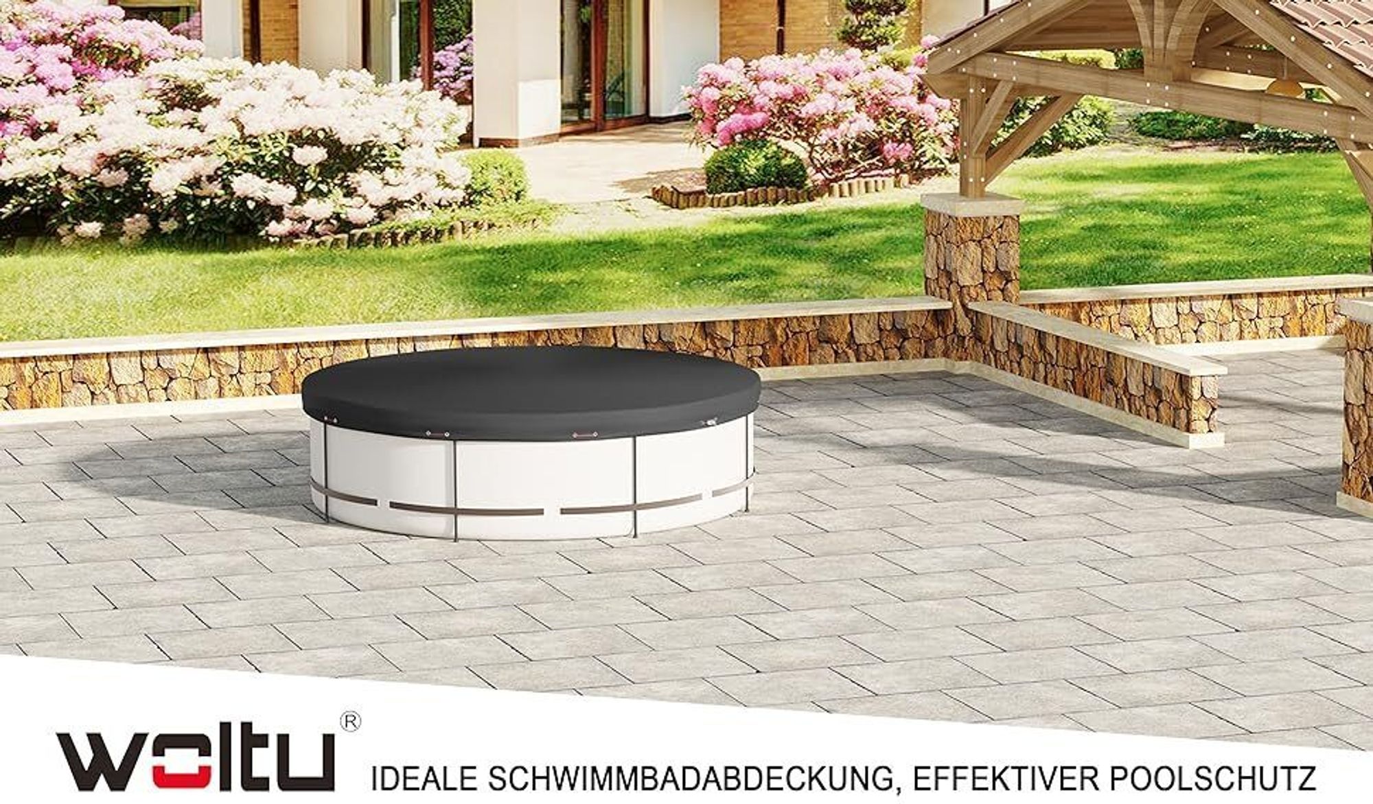 WOLTU Poolplane aus 200 g/m² PE, Pool Abdeckplane mit Ösen Drahtseil Aluminiumverschluss : Grau Φ 360 cm Farbe: Grau Größe: Φ 360 cm