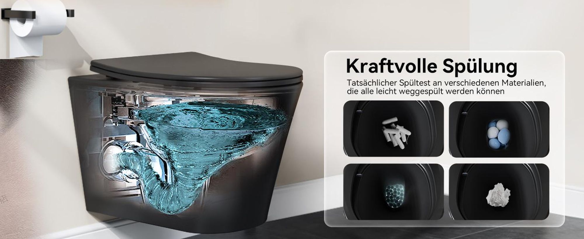 HOROW Matzwart wandtoilet met softclose-mechanisme, spoeling met superspin-technologie, keramische toiletpot met nanocoating 48,5 x 35,5 x 35,5 cm