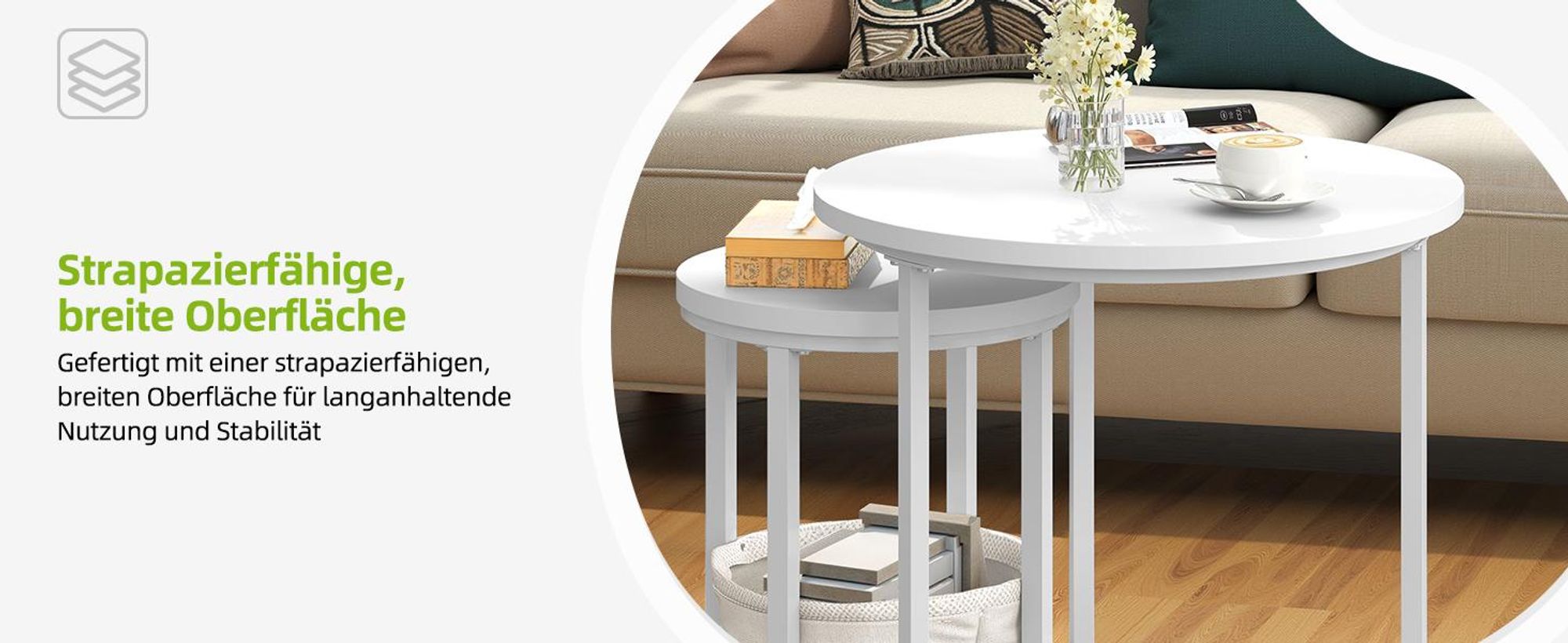2 tlg. Couchtisch Rund, Nisttisch 2er set Beistelltisch Wohnzimmertisch, 60 cm + 38 cm, Weiß