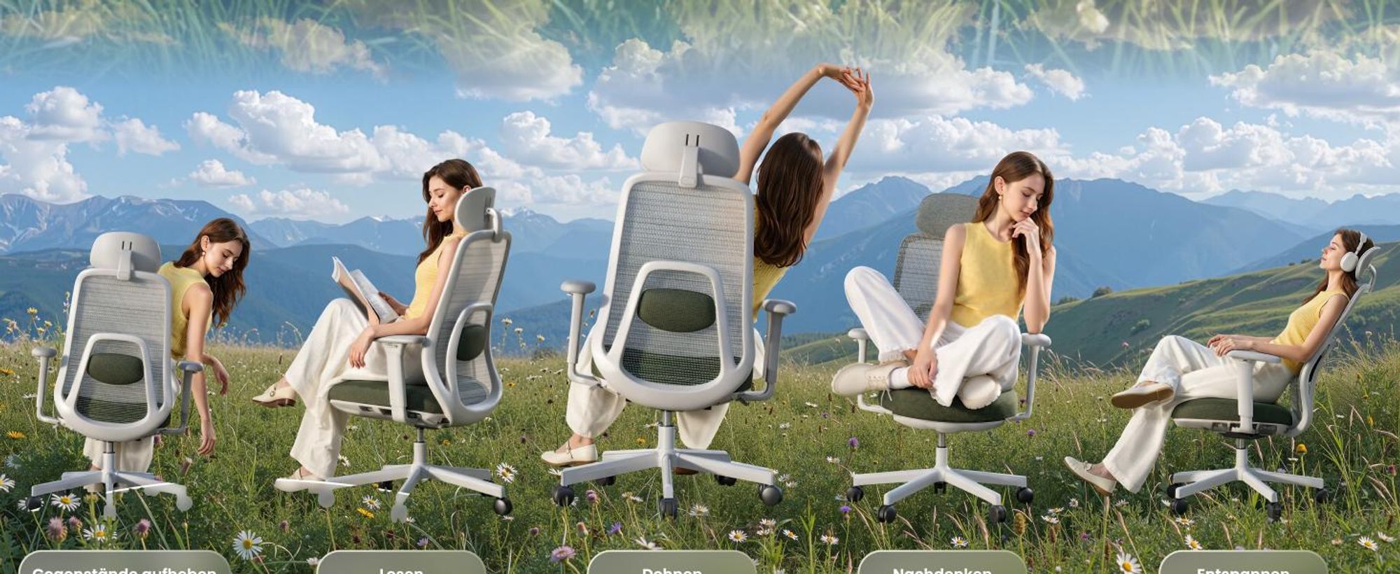 FLEXISPOT Balanso Ergonomischer Bürostuhl mit Dynamic Balance Mechanik und Fußstütze, 3D Armlehnen, adaptiver Lendenstütze, Farbverlauf Grün
