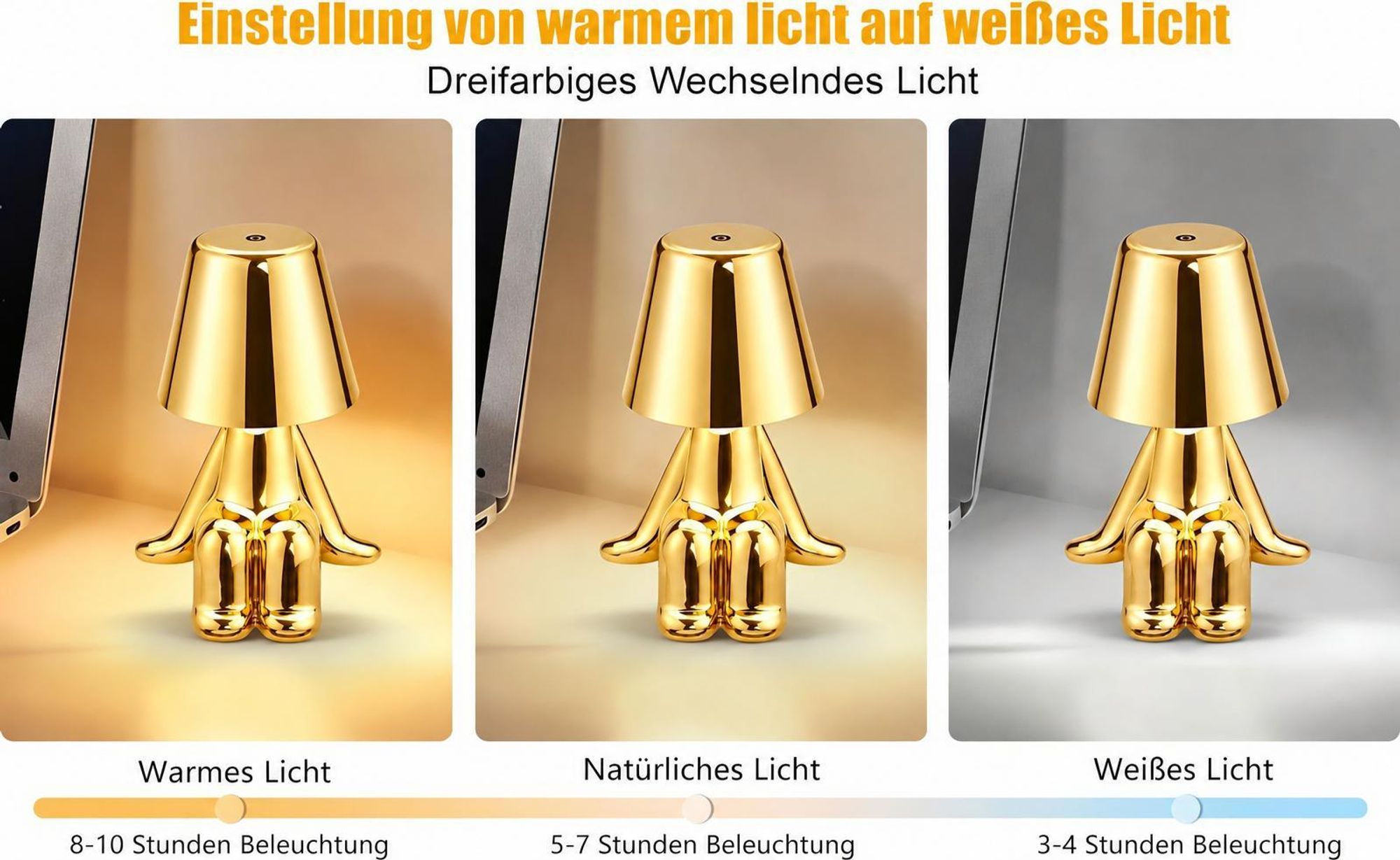 Thinker-Statue LED Nachttischlampe mit Touch-Steuerung,USB-Aufladung,3 Helligkeitsstufen,Kabellose Dimmbare Tischlampe,Dekorative Nachtlicht,(Gold D)