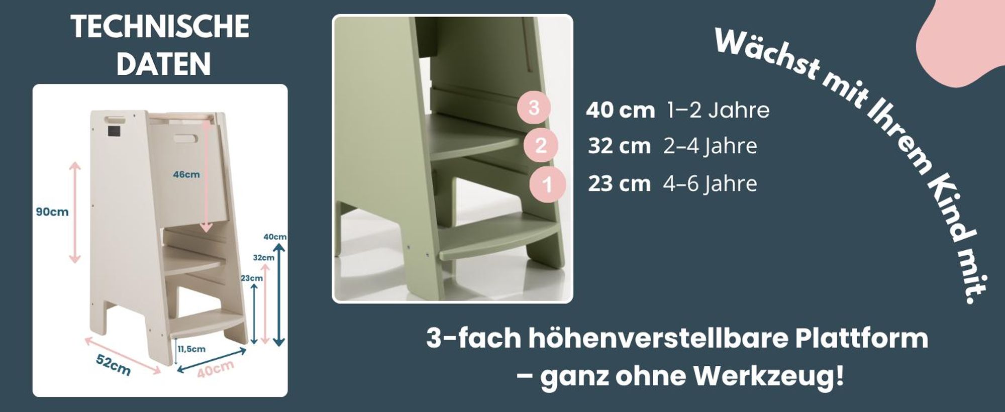 NOWAY - Montessori Lernturm Kitchen Helper Kinderplattform Küchenturm lackierter – kaschmir