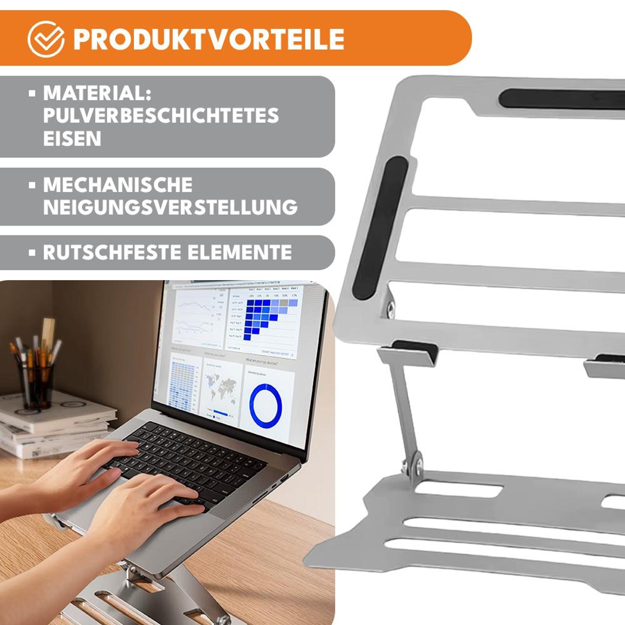 KRUMAD Laptop Ständer höhenverstellbar, klappbarer Notebook Ständer aus Metall, rutschfest & stabil, für Schreibtisch Sofa Bett, bis 8 kg