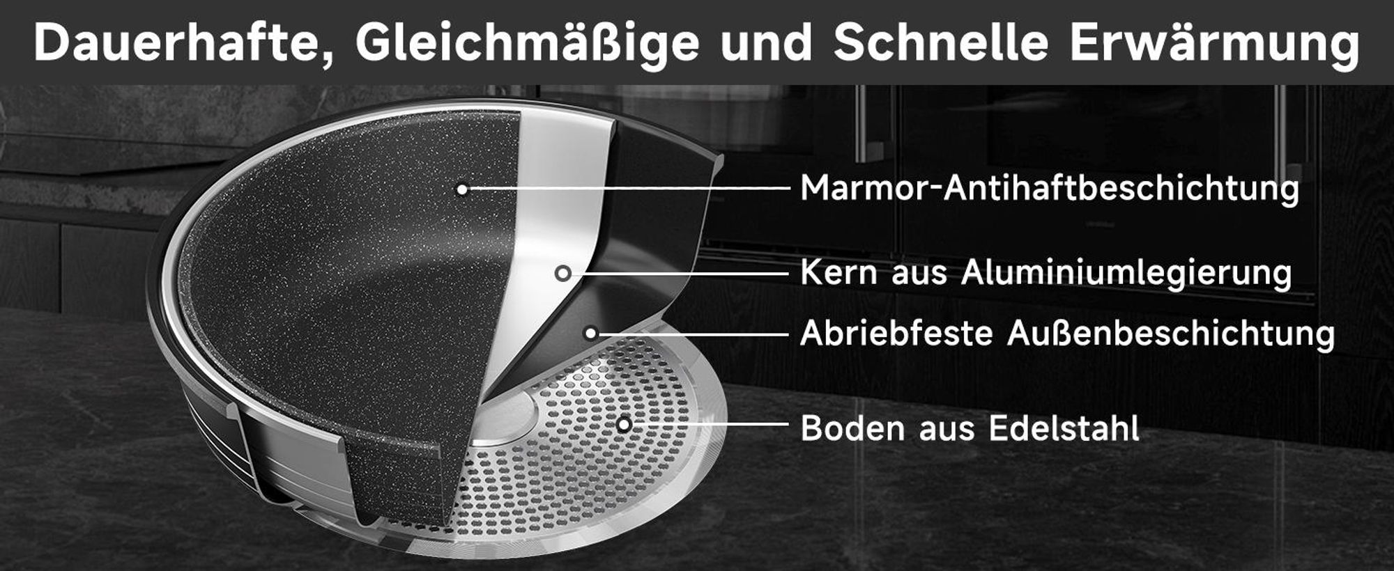 Scheffler Servierpfanne Induktion, 24 x 7 cm Schmorpfanne aus Aluminiumguss, Pfanne Bratpfanne mit Marmor-Antihaftbeschichtung, Glasdeckel
