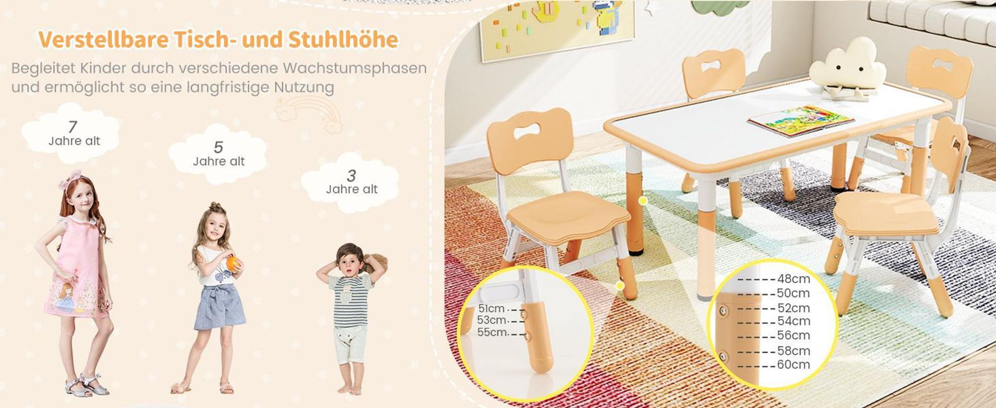 GOPLUS Kindertisch Set mit 4 Stühlen, Schreibtisch höhenverstellbar mit Graffiti-Tischfläche 120x60cm, Kindertischgruppe ab 18 Monate