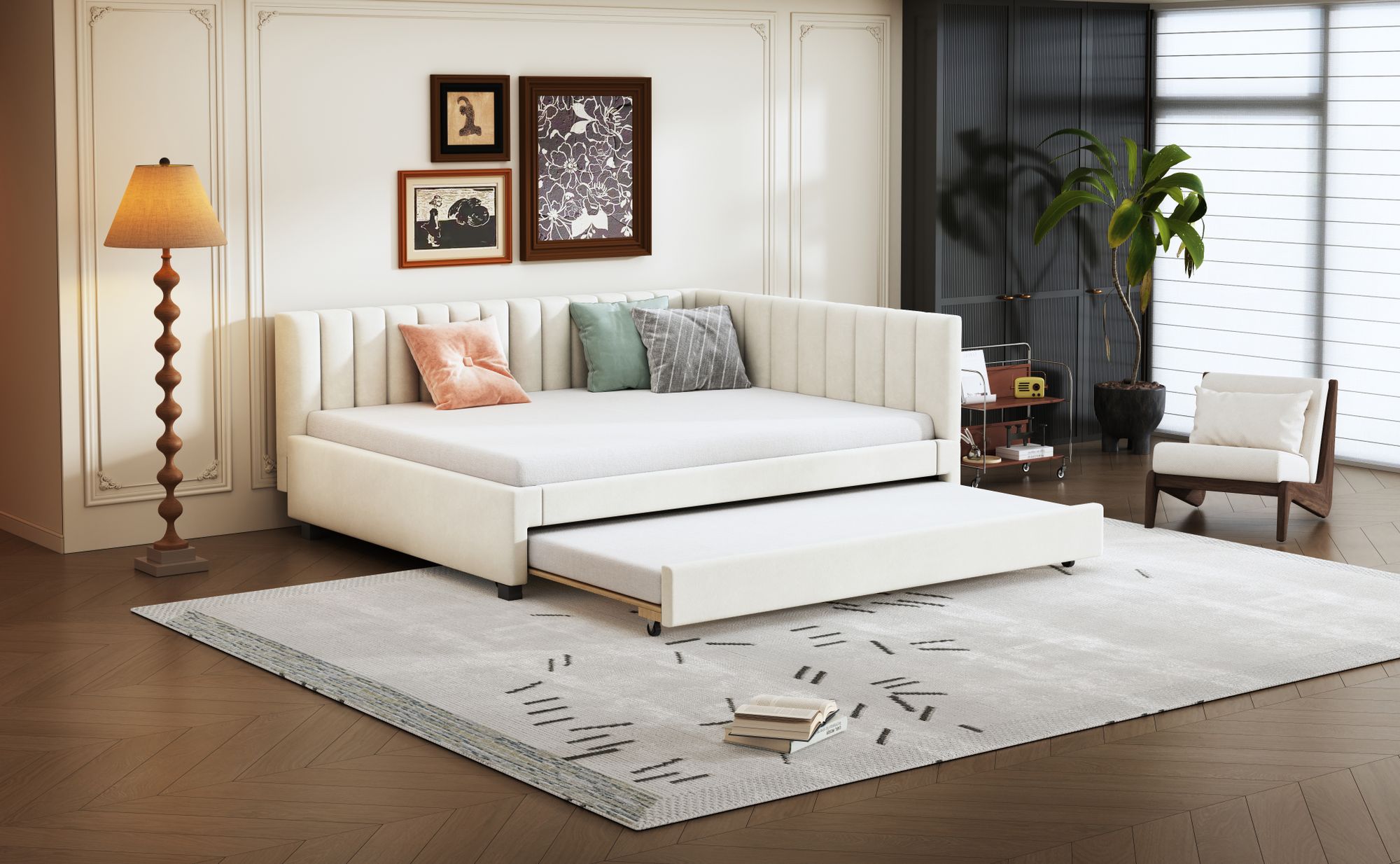 okwish Schlafsofa Daybett 90x200cm mit Ausziehbarem Unterbett 90x190cm und Lattenrost, Tagesbett Kinderbett Jugendbett aus Holz(Ohne Matratze)- Beige