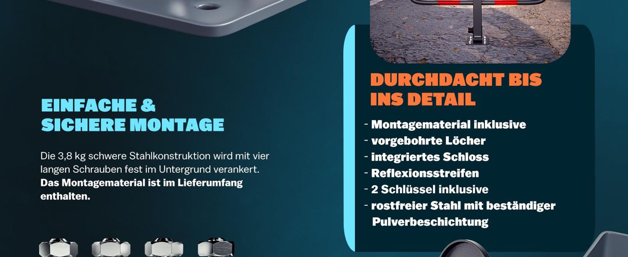 MONZANA® Parkplatzsperre 2 Schlüssel klappbar integriertes Schloss Stahl Robust Parkpfosten Parkplatzbügel Sperrpfosten