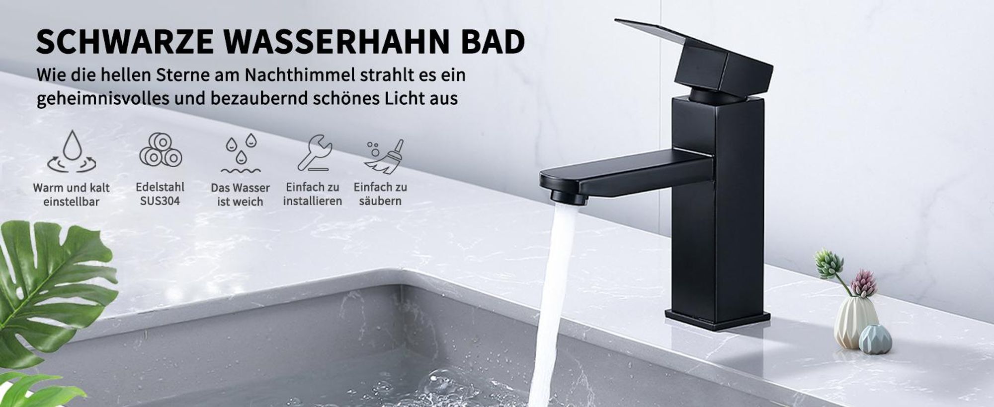 Schwarz Wasserhahn Edelstahl ,Waschtischarmatur Design Einhebelmischer für Badezimmer,Mischbatterie Hochdruck Badarmatur,Armatur Einhebelmischer