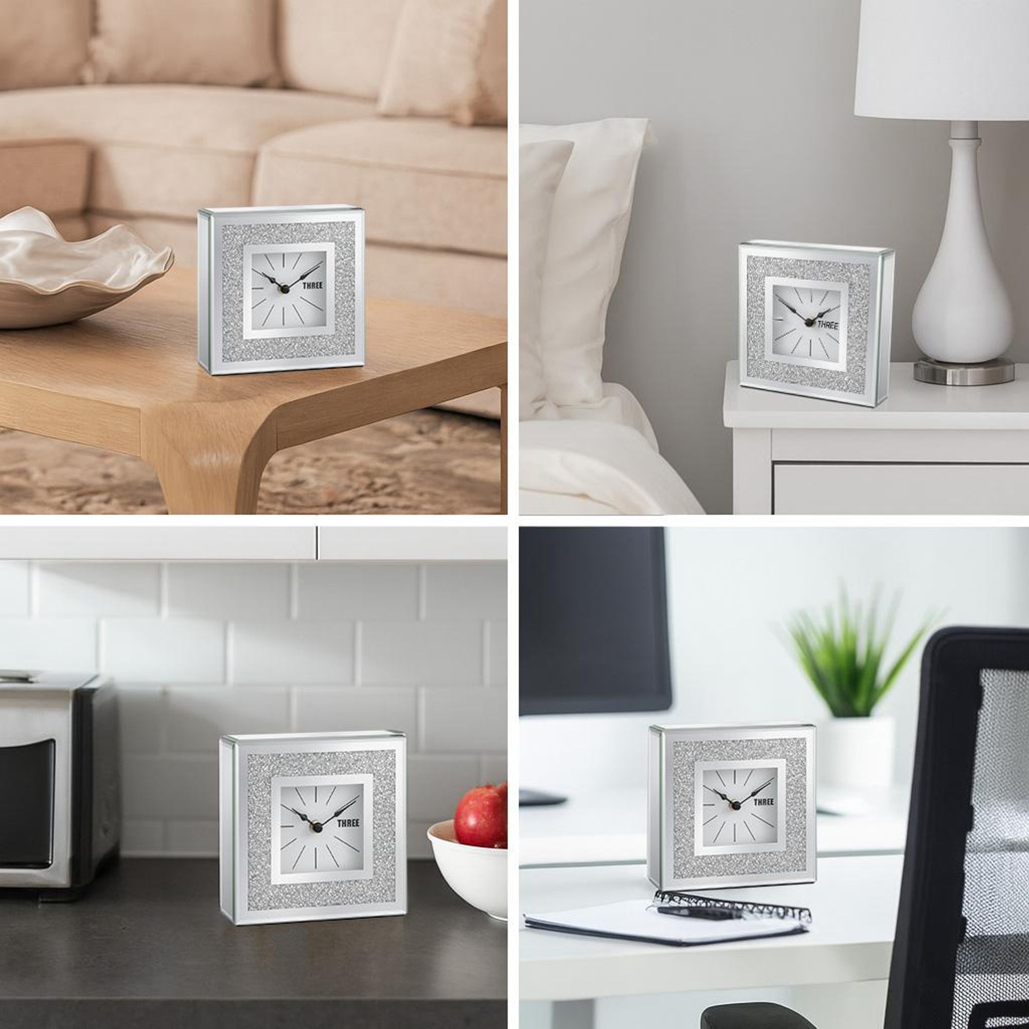 Edle Tischuhr Spiegelglas Glitzer Kristall-Optik – Dekouhr mit Spiegelrand 15x15cm – Moderne Kaminuhr Batteriebetrieben
