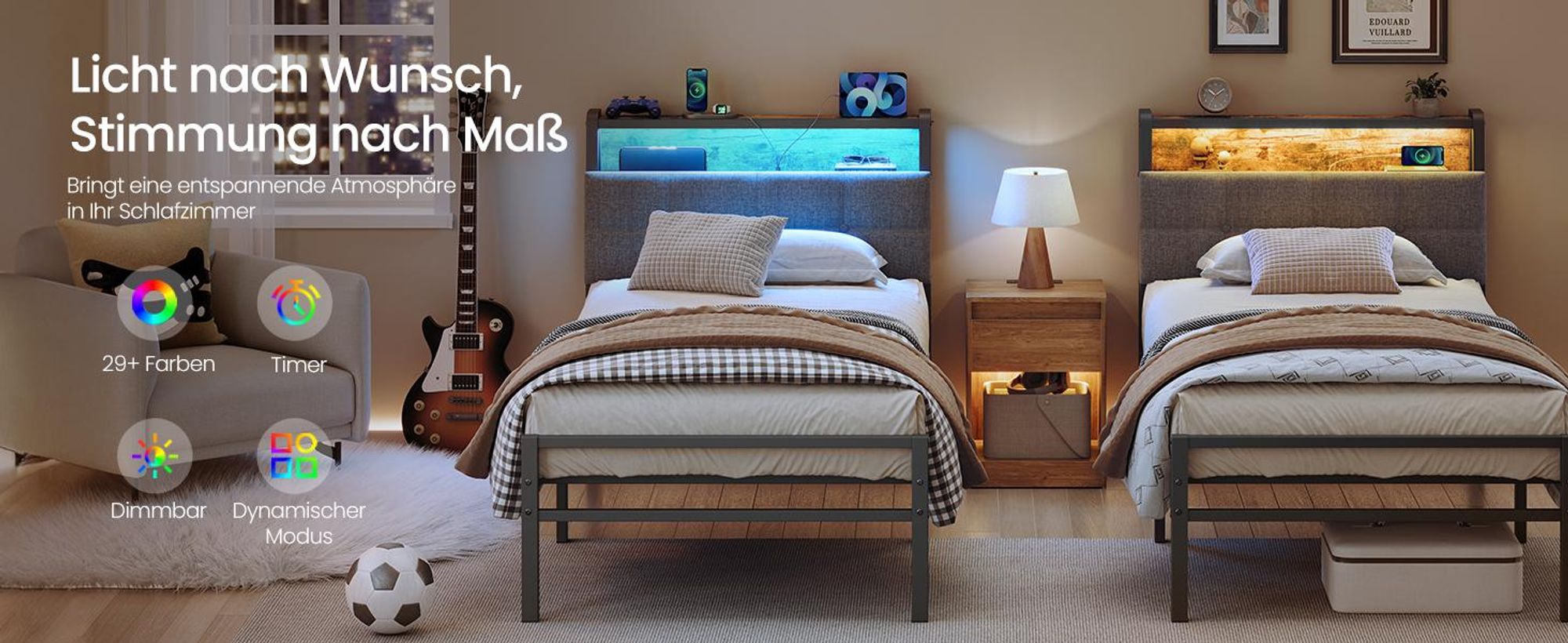 VASAGLE Bettgestell 90 x 200 cm mit Stauraum, Metallrahmen, Bett mit LED-Beleuchtung und Kopfteil, schwarz-braun