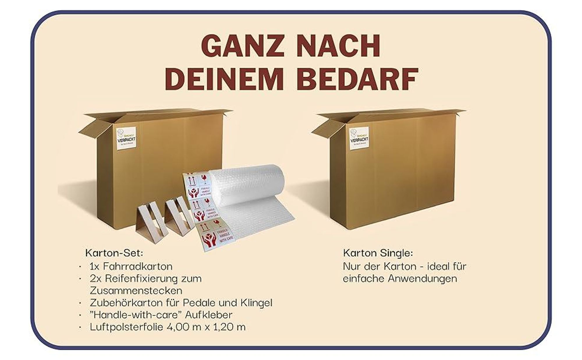 Das Bild zeigt die Produktvarianten mit und ohne Verpackungszubehör.