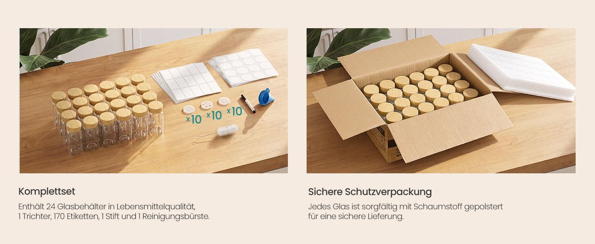 SONGMICS Gewürzgläser 24er Set, Eckige Gewürzdosen aus Glas, Luftdicht mit Etiketten, 120 ml, 4,5 x 4,5 x 10,5 cm, Naturbeige