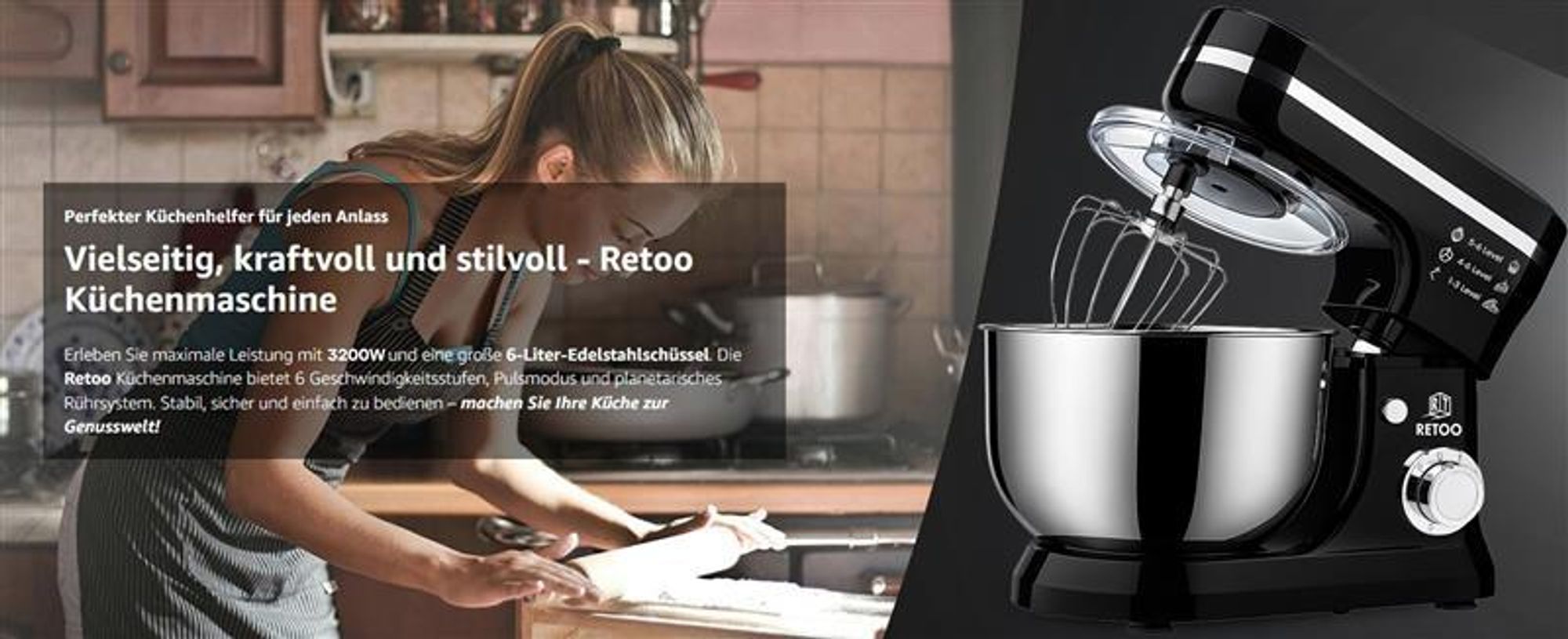 Küchenmaschine 3200W - 6L Edelstahl-Rührschüssel inkl. Rührhaken, Knethaken, Schneebesen und Spritzschutz, 6 Geschwindigkeiten Schwarz, Retoo