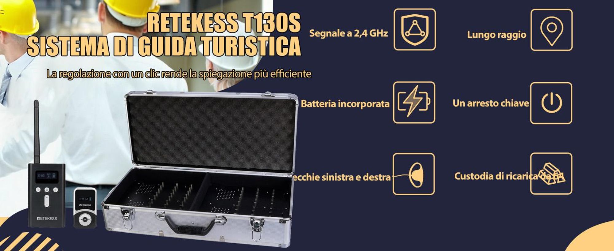 Sistema per guide turistiche Retekess T130S, 49 canali, 100 m, cuffie D, con valigetta di ricarica a 64 slot per turismo, formazione (60 ricevitori), walkie-talkie