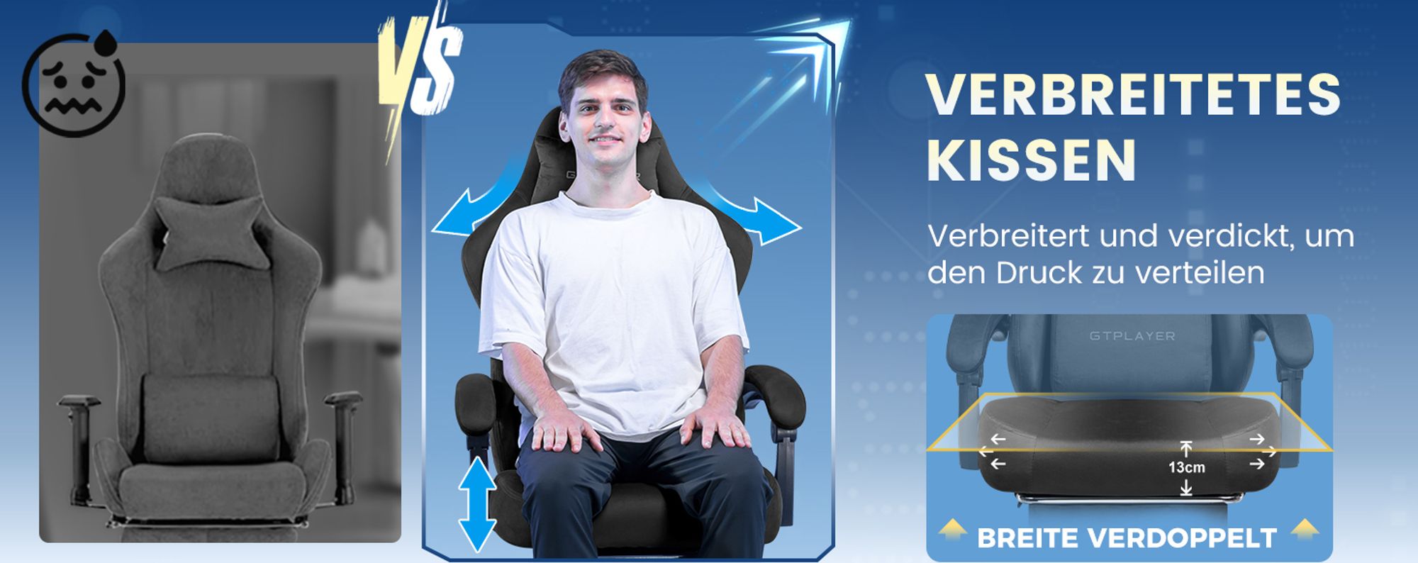 GTPLAYER Gaming Stuhl Ergonomischer Gaming Sessel Schreibtischstuhl Bürostuhl mit Stoffoberfläche Federsitzkissen, Verbindungsarmlehnen, mit Fußstütze
