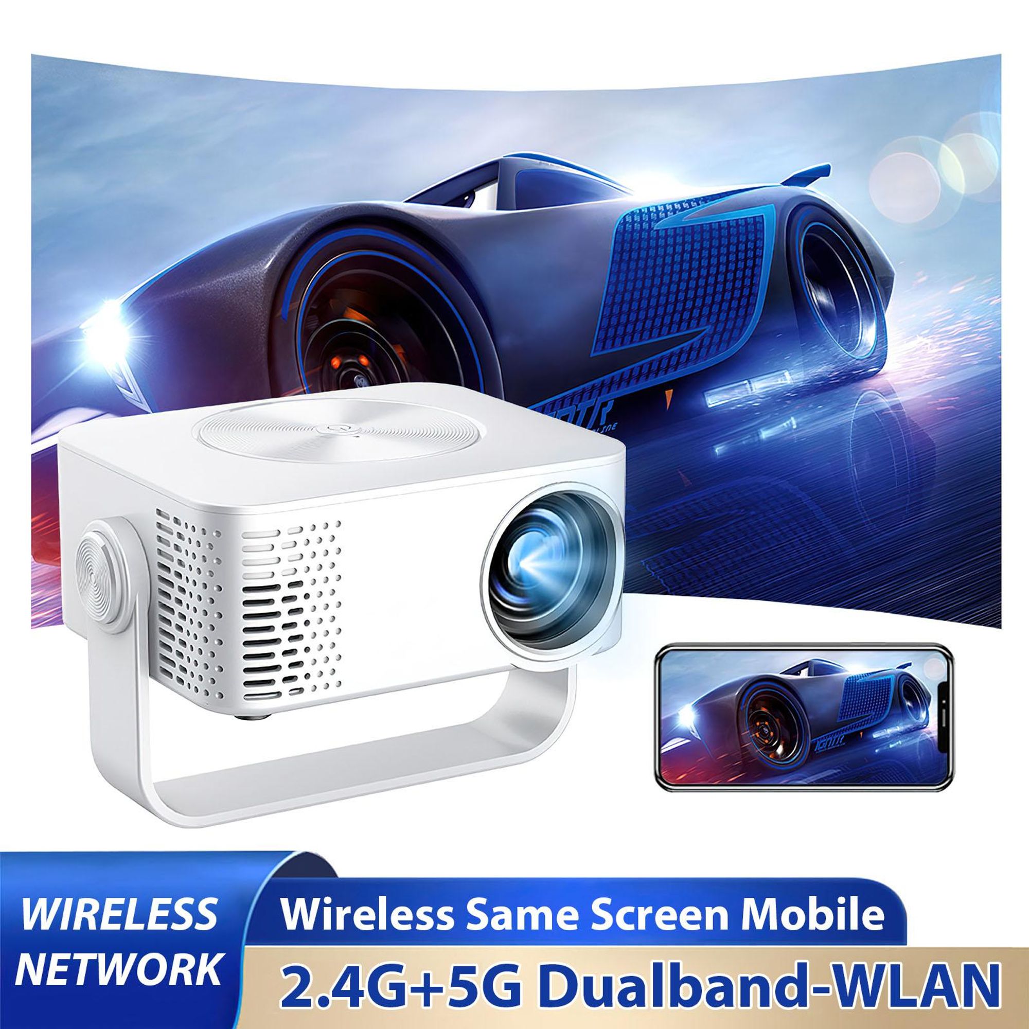 ZELURXX Mini Beamer tragbar 1080P WLAN Projektor mit Lautsprecher, Heimkino LED Projektor für Smartphone/TV, Full HD 120 Zoll Display, Weiß