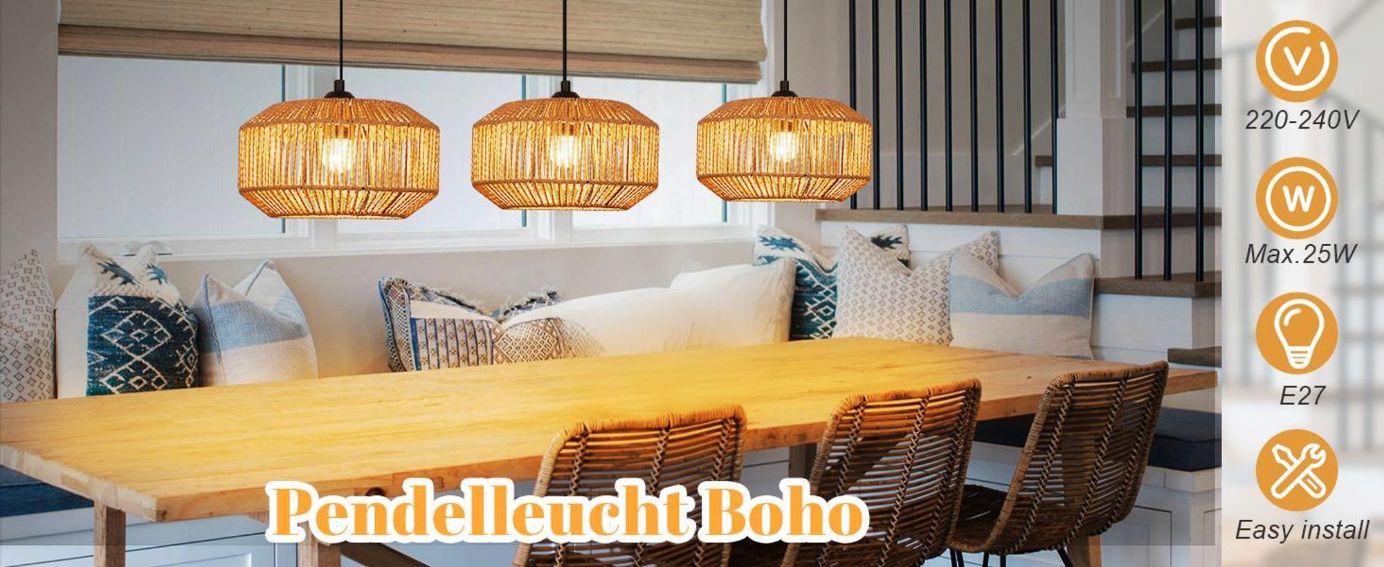 ZMH Lampe à suspendre Boho Lampe à suspendre en rotin Lampe à suspendre réglable en hauteur Lampe à suspendre 3 flammes Lampe de table à manger avec douille E27 pour chambre à coucher