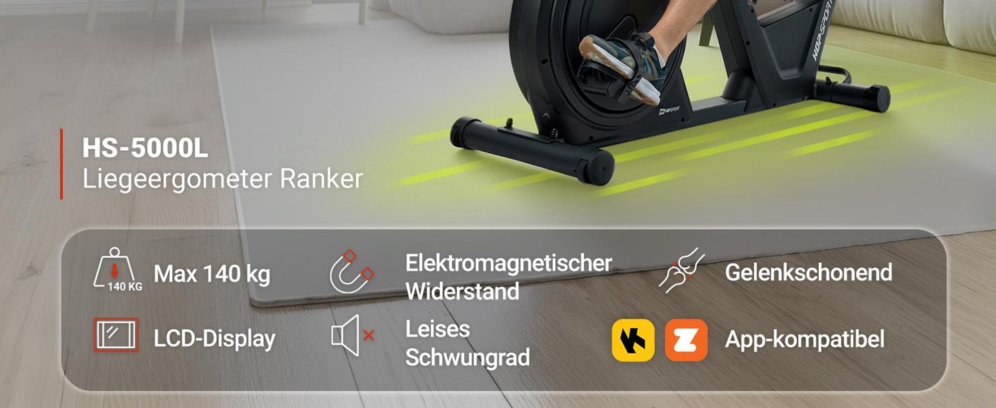 HOP SPORT® HS-5000L Liegeergometer für Zuhause mit Magnetwiderstand | Stationäres Fahrrad | Ergonomischer Sitz | leises Liegerad-Heimtrainer mit Apps