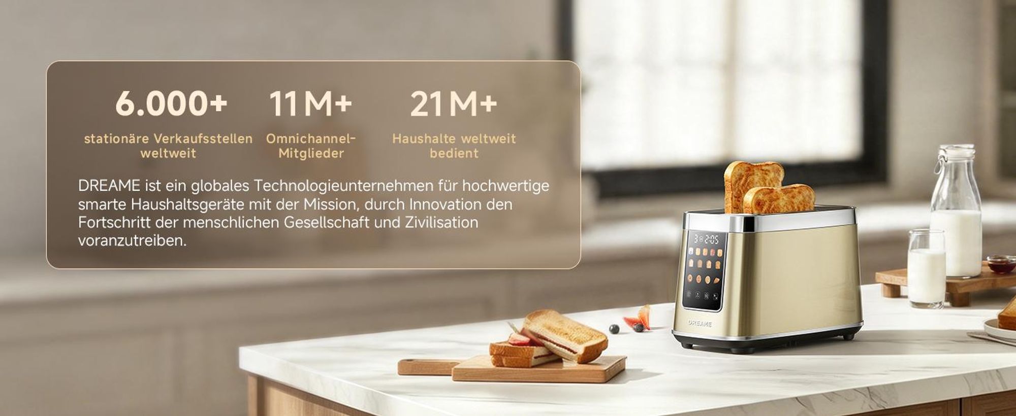 Dreame Smart Toaster 2 Scheiben,5,3-Zoll-IMD-Touchscreen,Motorisiertes Auto-Lift-Design,8 Brotprogramme&6 Bräunungsstufen,3 praktische Funktionen,Gold