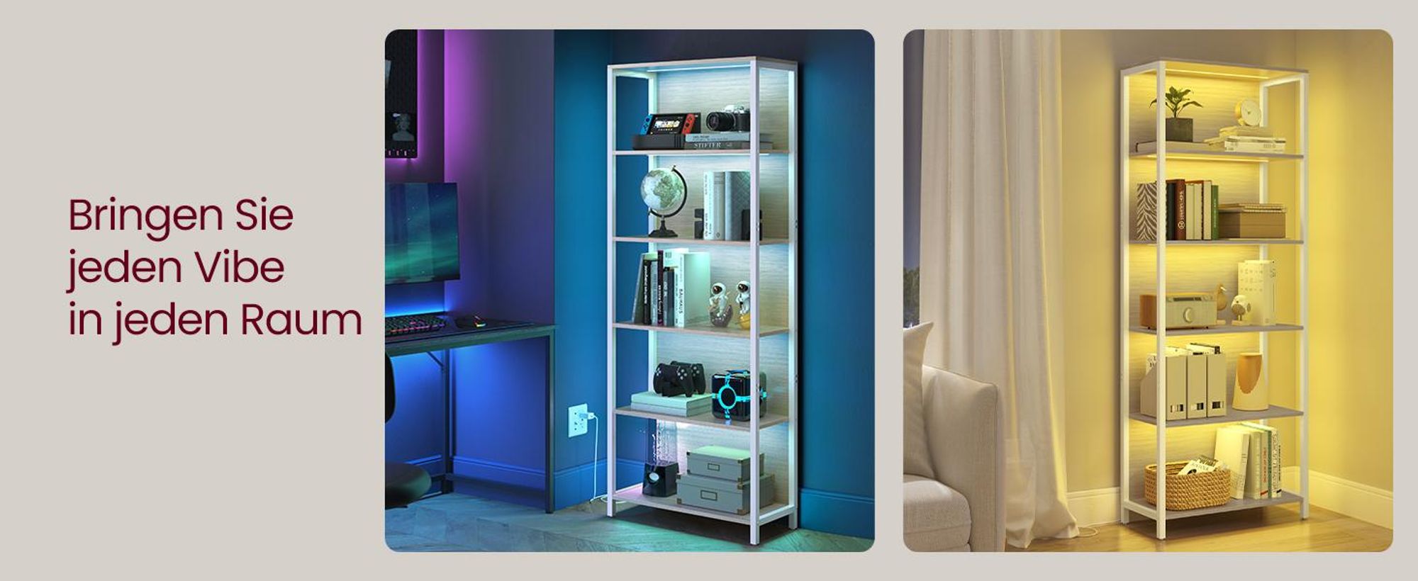 VASAGLE Bücherregal mit 6 Ebenen, Standregal mit einstellbarer LED-Beleuchtung, für Wohnzimmer