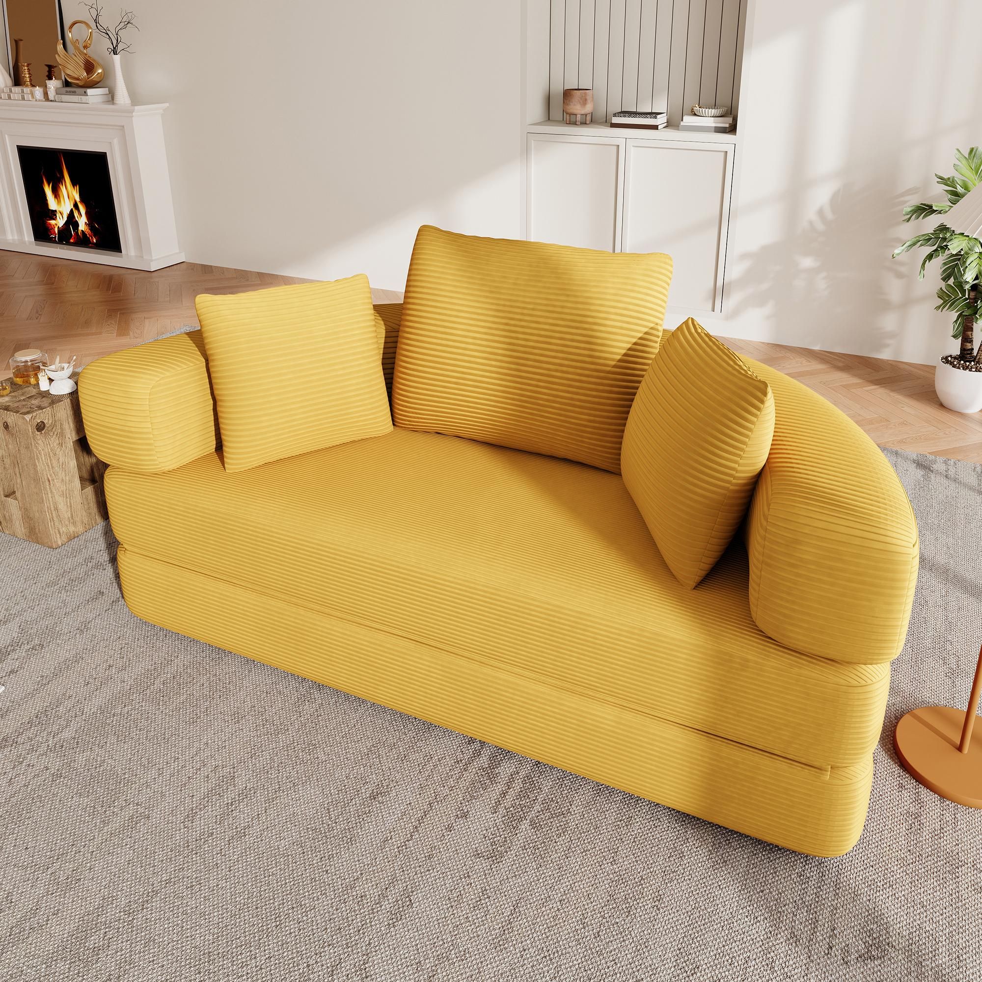 Merax Boneless Schlafsofa Polstersofa, modulares Klappsofabett mit Kissen, ovales Bodensofa aus Cordstoff, 2-in-1 Sofa Bett, Gelb